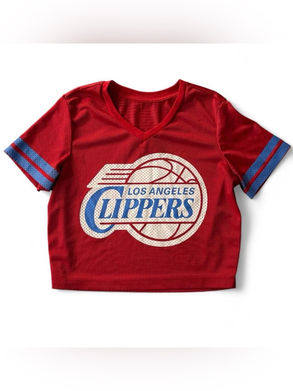 Vintage Los Angeles Clippers Mesh Crop Top Tee - V-Neck Jersey Style - Red Blue